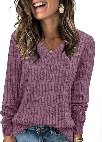 Lightweight V-Neck Knit Sweater – Relaxed Long Sleeve Pullover