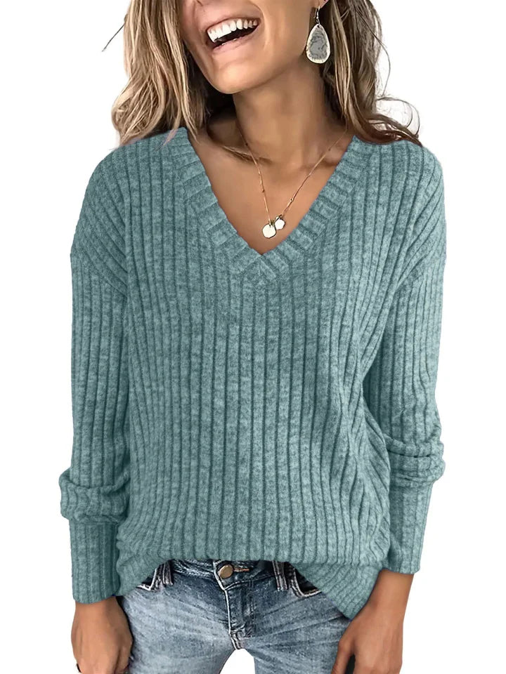 Lightweight V-Neck Knit Sweater – Relaxed Long Sleeve Pullover