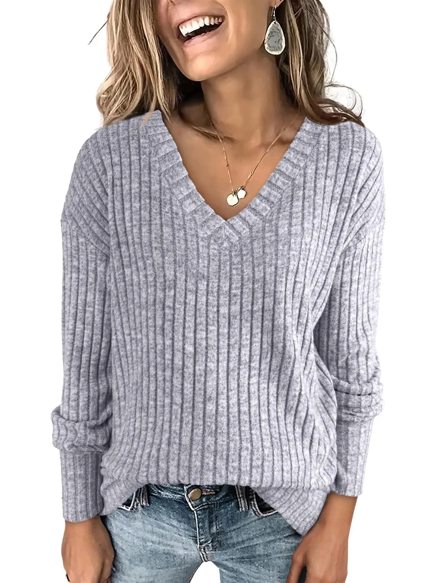 Lightweight V-Neck Knit Sweater – Relaxed Long Sleeve Pullover
