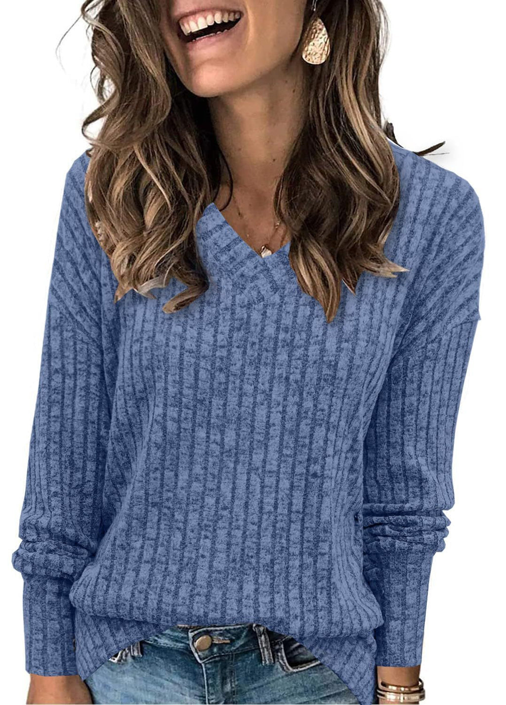 Lightweight V-Neck Knit Sweater – Relaxed Long Sleeve Pullover