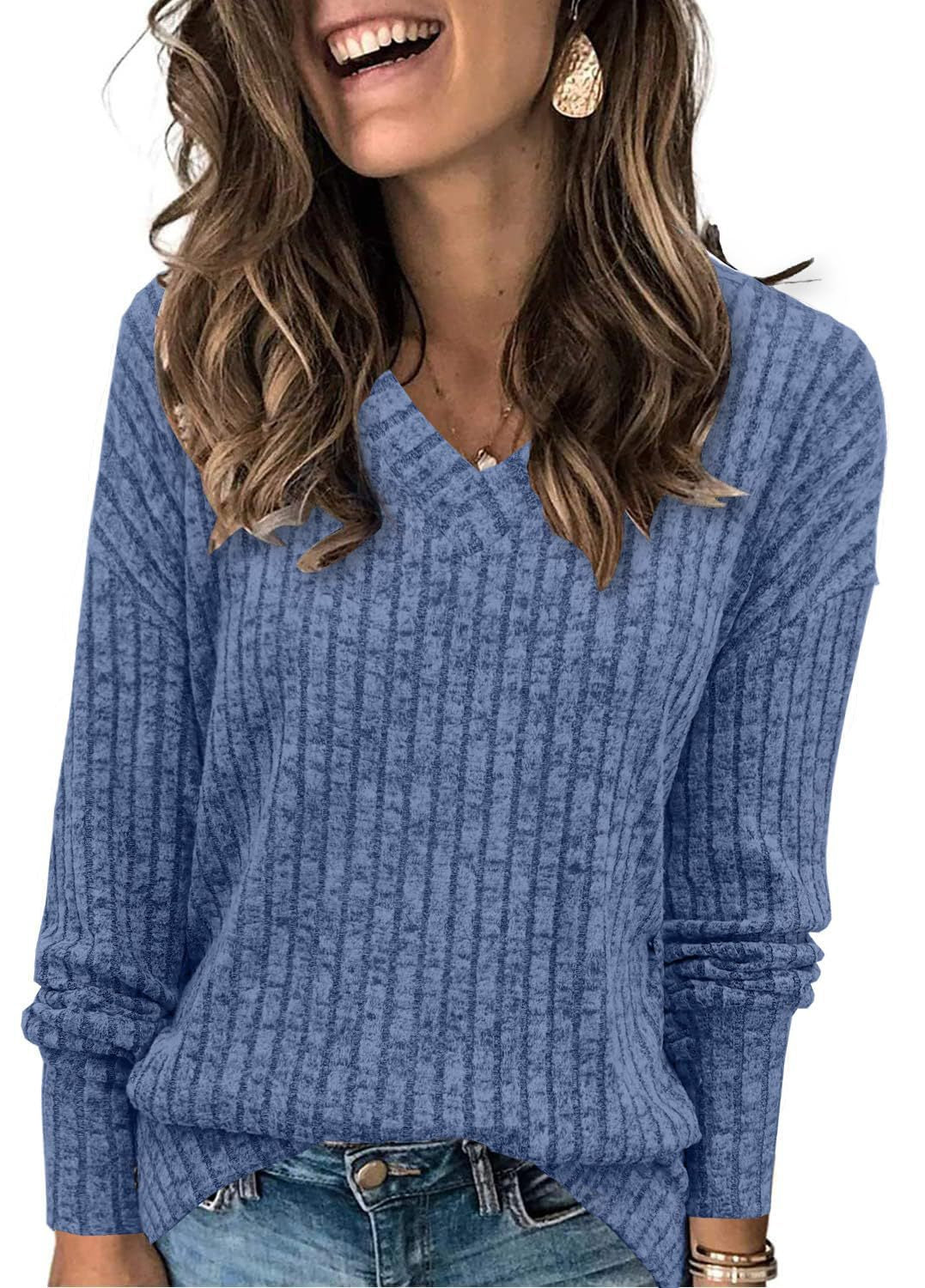 Lightweight V-Neck Knit Sweater – Relaxed Long Sleeve Pullover