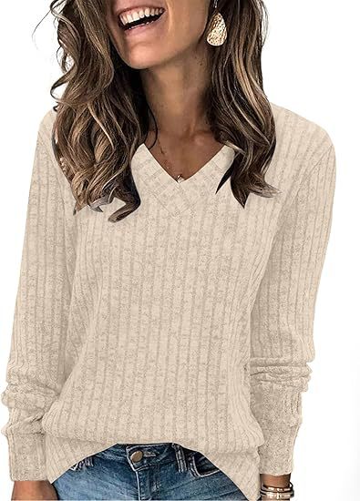 Lightweight V-Neck Knit Sweater – Relaxed Long Sleeve Pullover