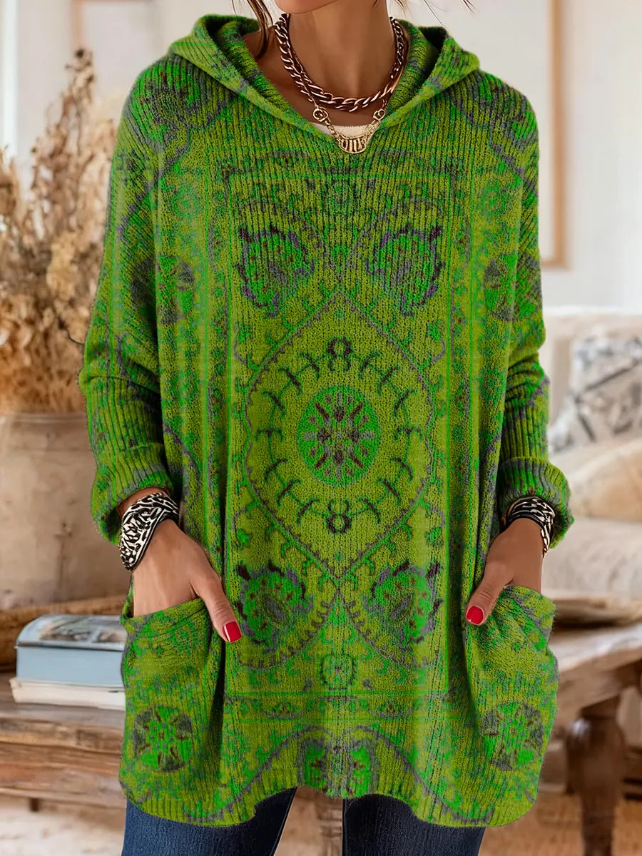 Retro Ethnic Print Hooded Knit Tunic with Pockets