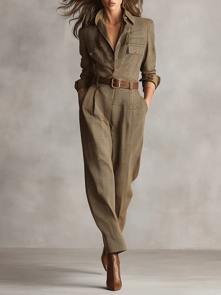 Rowena™ Brown Plaid Utility Jumpsuit in Tweed