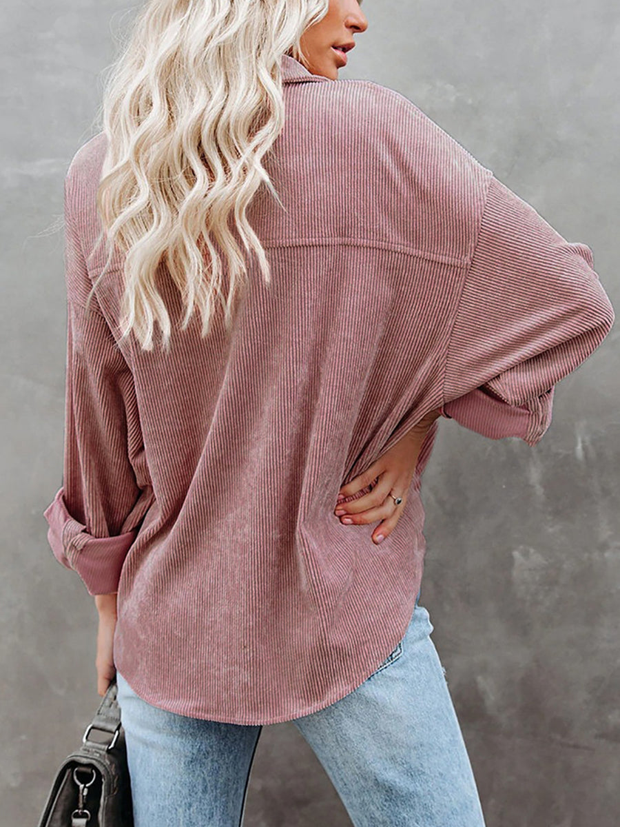 Loose Fit Button-Front Corduroy Shirt with Pockets