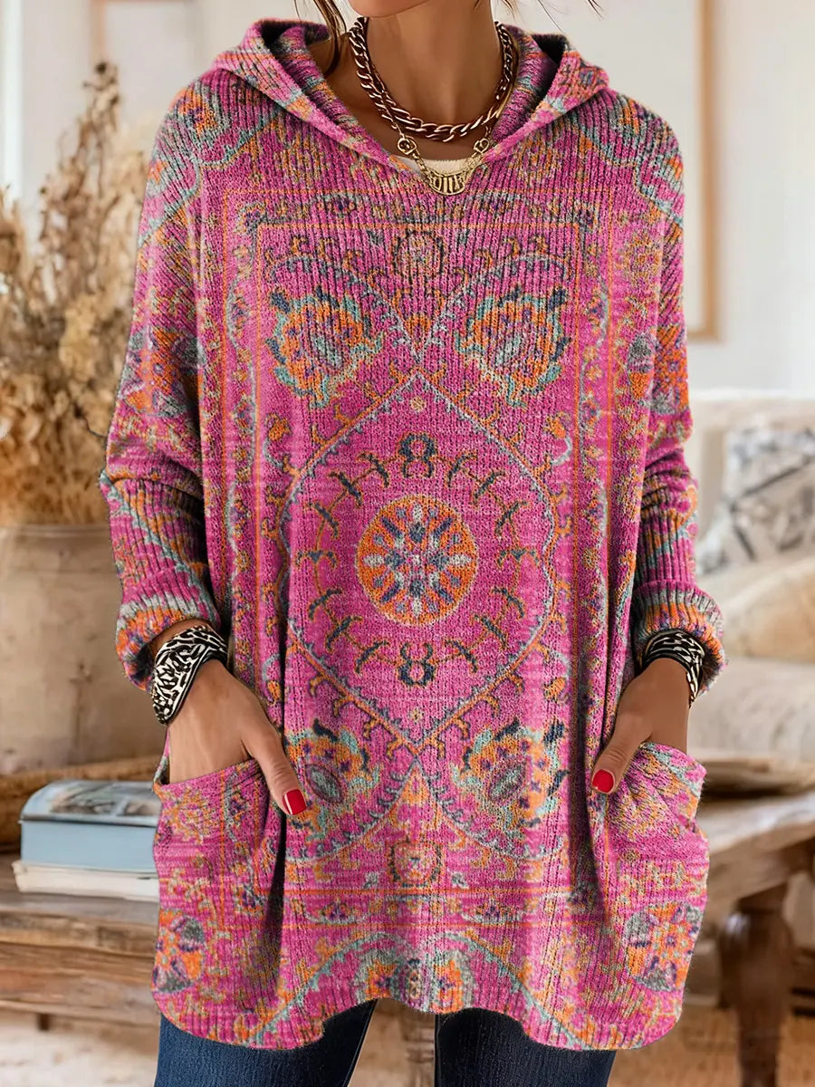Retro Ethnic Print Hooded Knit Tunic with Pockets