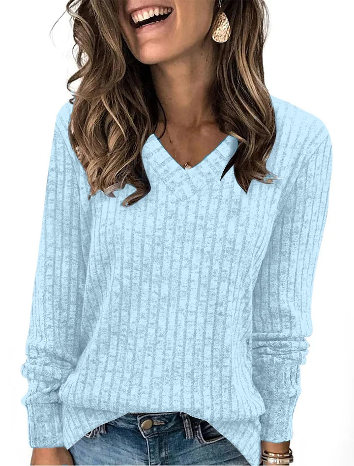 Lightweight V-Neck Knit Sweater – Relaxed Long Sleeve Pullover