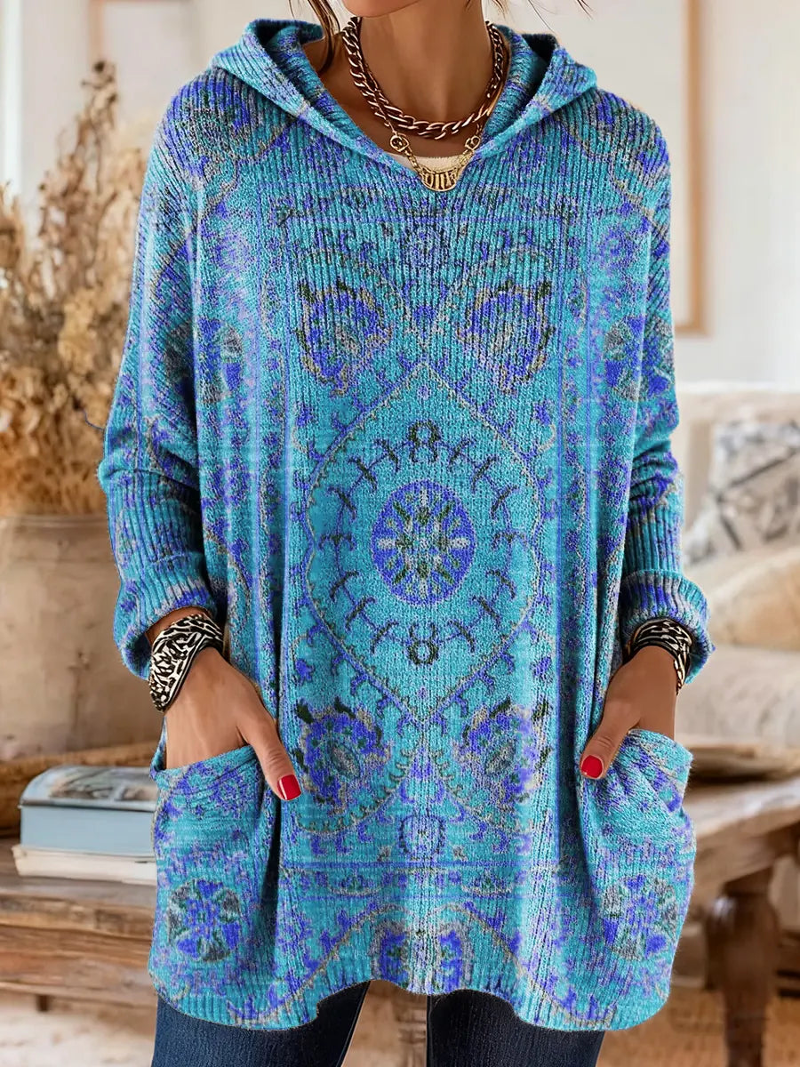 Retro Ethnic Print Hooded Knit Tunic with Pockets